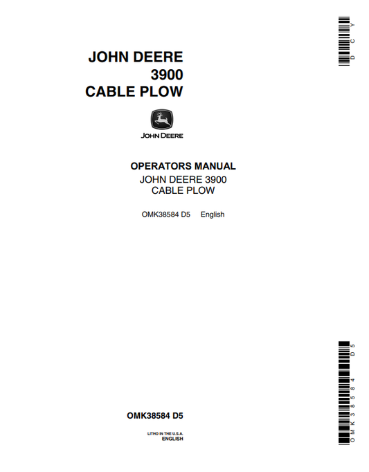 JOHN DEERE 3900 CABLE PLOW OPERATOR MANUAL OMK38584