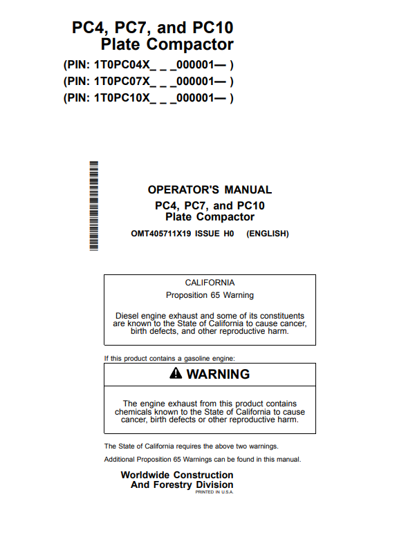 JOHN DEERE PC4, PC7, AND PC10 PLATE COMPACTOR OPERATOR MANUAL OMT405711X19