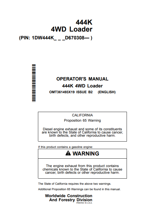 JOHN DEERE 444K 4WD LOADER OPERATOR MANUAL OMT361493X19