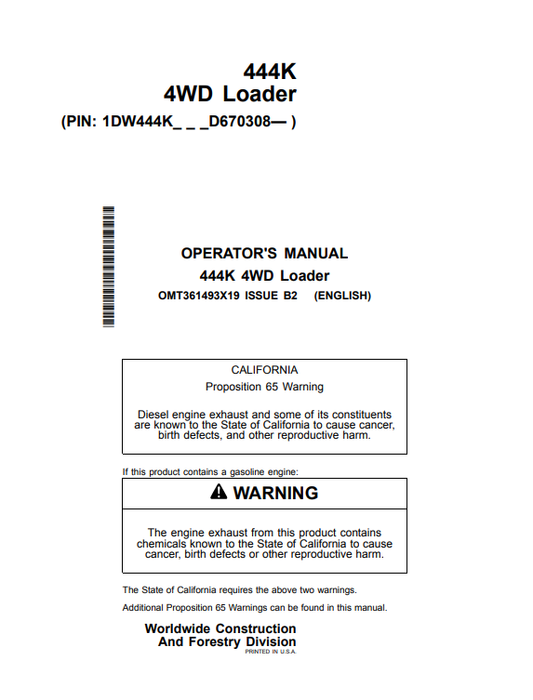 JOHN DEERE 444K 4WD LOADER OPERATOR MANUAL OMT361493X19