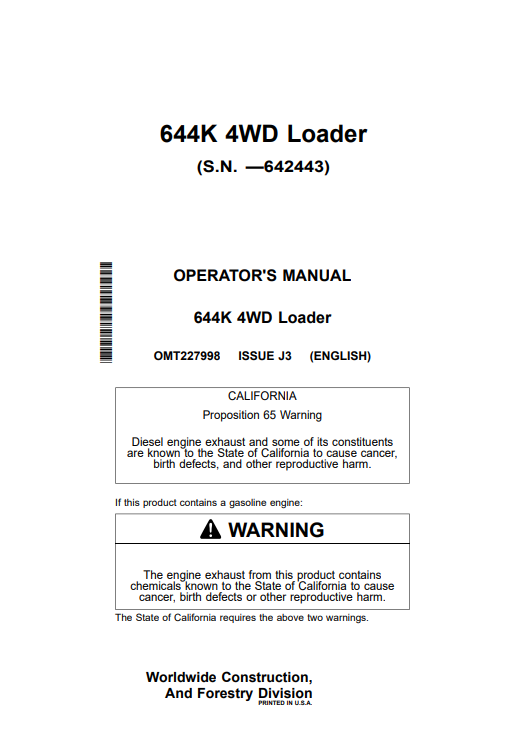 JOHN DEERE 644K 4WD LOADER OPERATOR MANUAL OMT227998