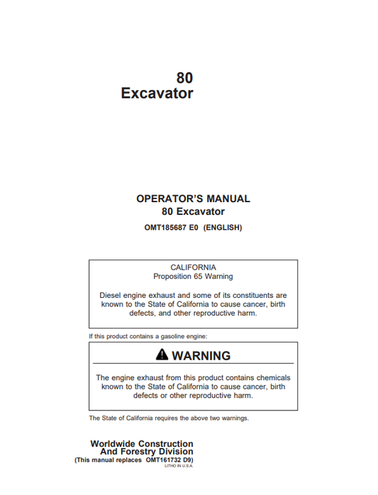JOHN DEERE 80 EXCAVATOR OPERATOR MANUAL OMT185687