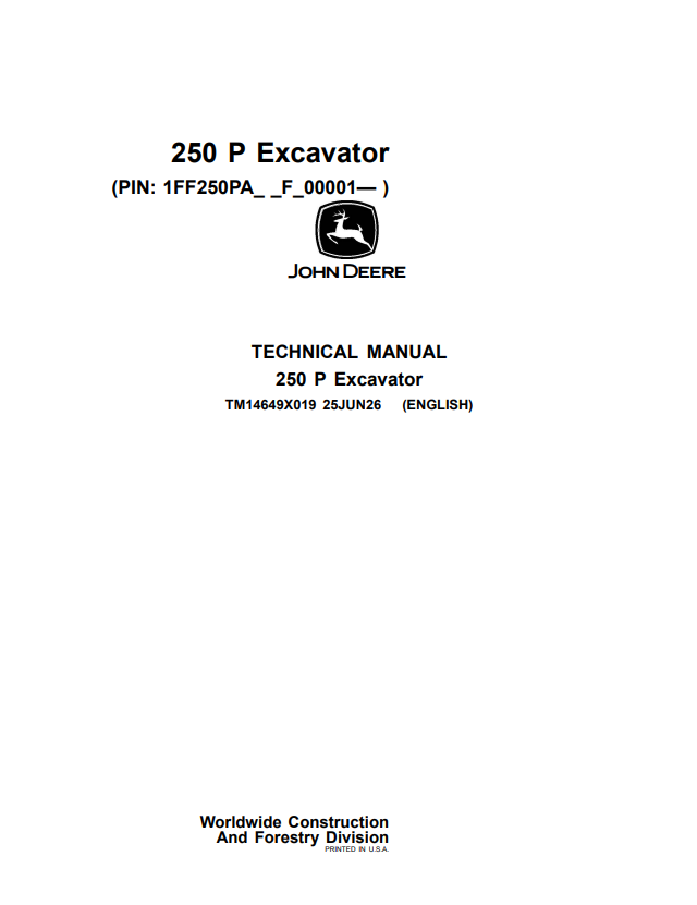 JOHN DEERE 250 P EXCAVATOR OPERATOR MANUAL TM14649X019