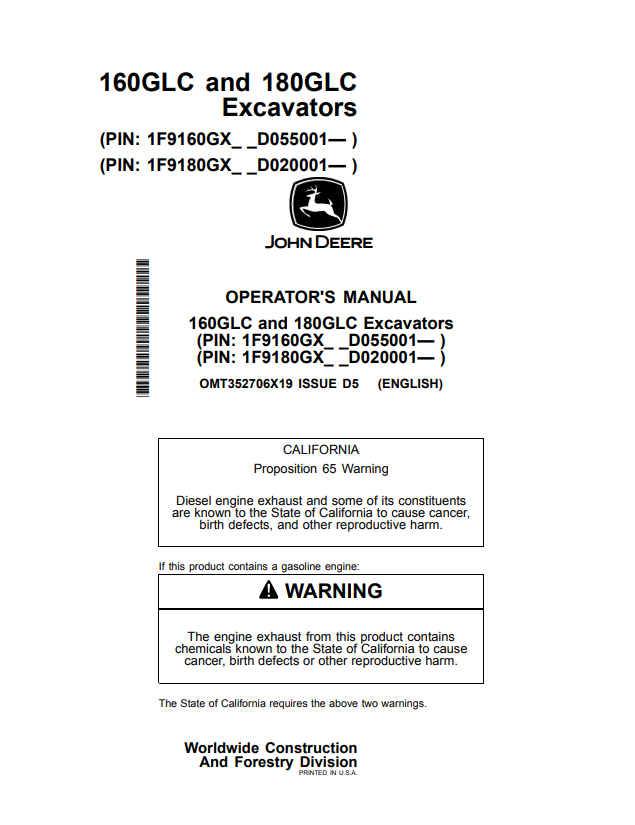 JOHN DEERE 160GLC AND 180GLC EXCAVATOR OPERATOR MANUAL OMT352706X19