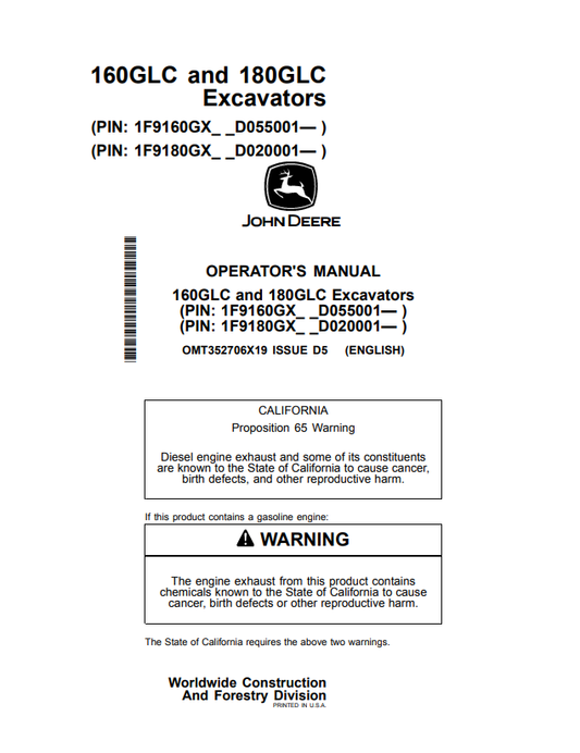 JOHN DEERE 160GLC AND 180GLC EXCAVATOR OPERATOR MANUAL OMT352706X19