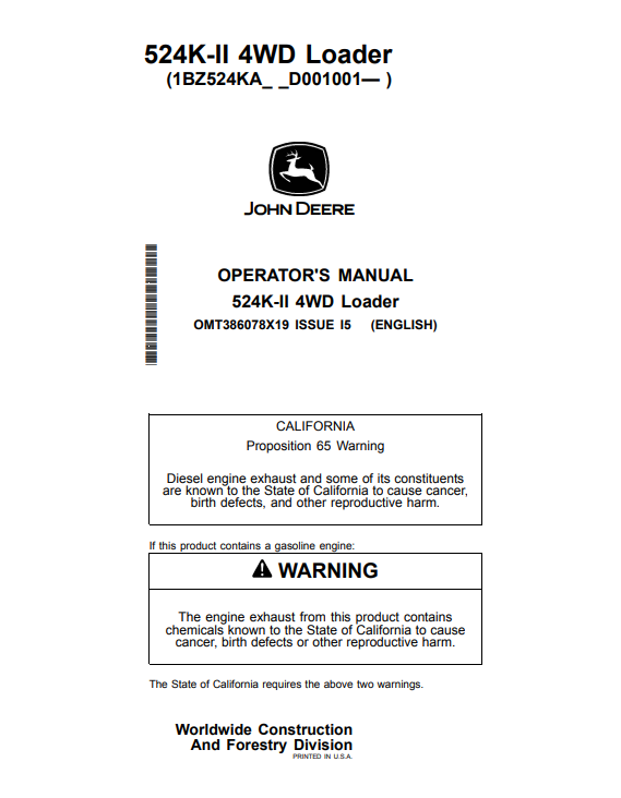 JOHN DEERE 524K-II 4WD LOADER OPERATOR MANUAL OMT386078X19