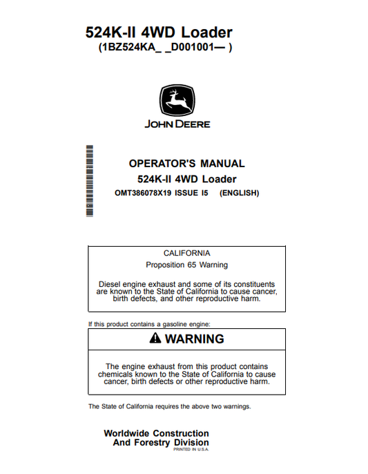 JOHN DEERE 524K-II 4WD LOADER OPERATOR MANUAL OMT386078X19