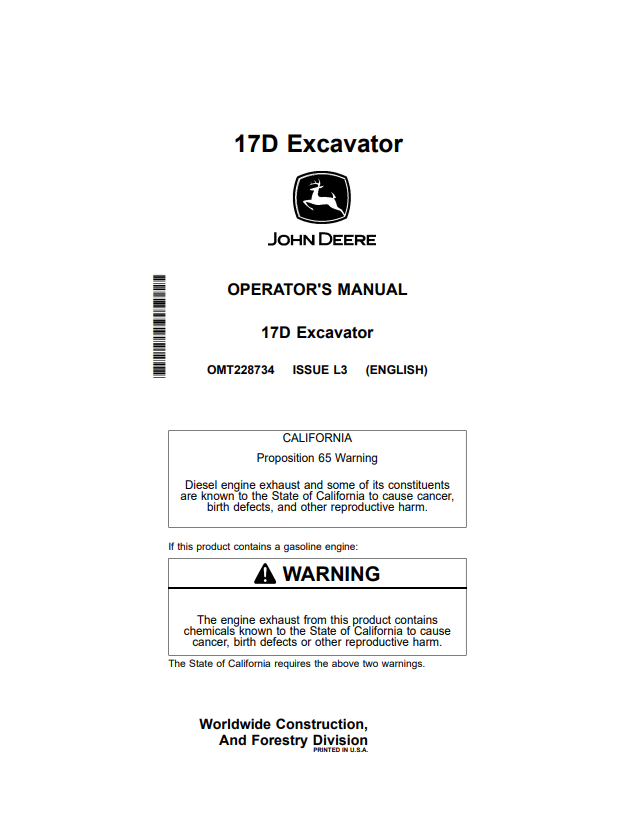JOHN DEERE 17D EXCAVATOR OPERATOR MANUAL OMT228734