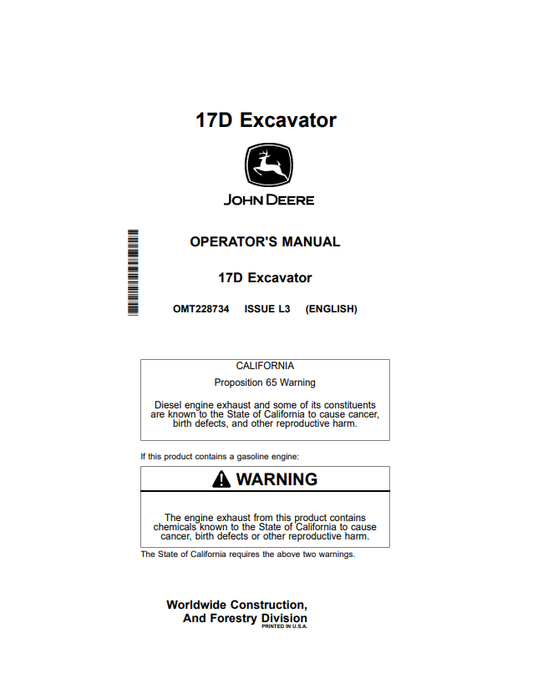 JOHN DEERE 17D EXCAVATOR OPERATOR MANUAL OMT228734