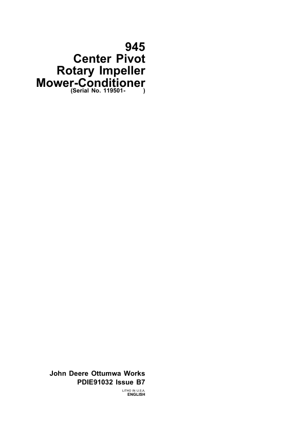 JOHN DEERE 945 CENTER PIVOT ROTARY IMPELLER MOWER CONDITIONER PRE DELIVERY INSTRUCTION MANUAL PDIE91032