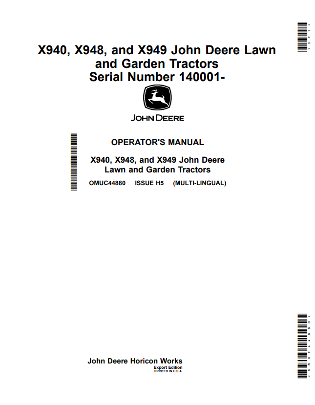 JOHN DEERE X940, X948, AND X949 LAWN AND GARDEN TRACTOR OPERATOR MANUAL OMUC44880
