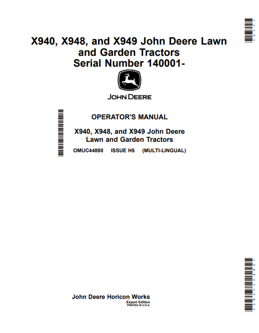 JOHN DEERE X940, X948, AND X949 LAWN AND GARDEN TRACTOR OPERATOR MANUAL OMUC44880