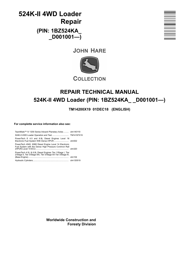 JOHN DEERE 524K-II 4WD LOADER REPAIR TECHNICAL MANUAL TM14200X19
