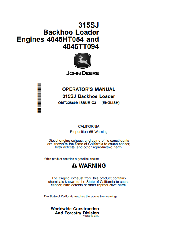 JOHN DEERE 315SJ BACKHOE LOADER OPERATOR MANUAL OMT228609