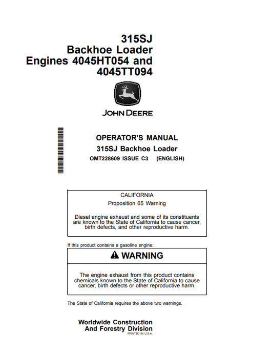 JOHN DEERE 315SJ BACKHOE LOADER OPERATOR MANUAL OMT228609
