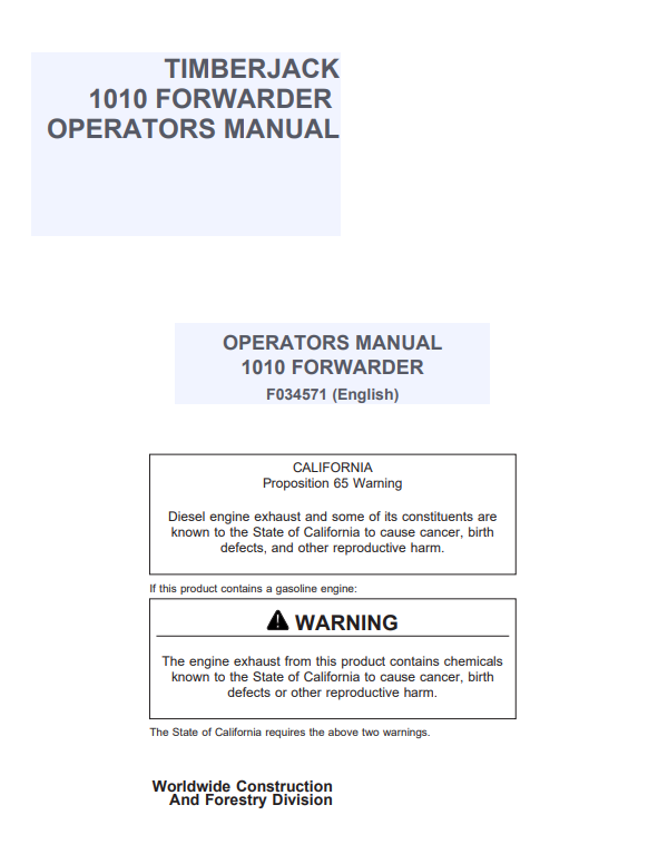 JOHN DEERE TIMBERJACK 1010 FORWARDER OPERATOR MANUAL F034571