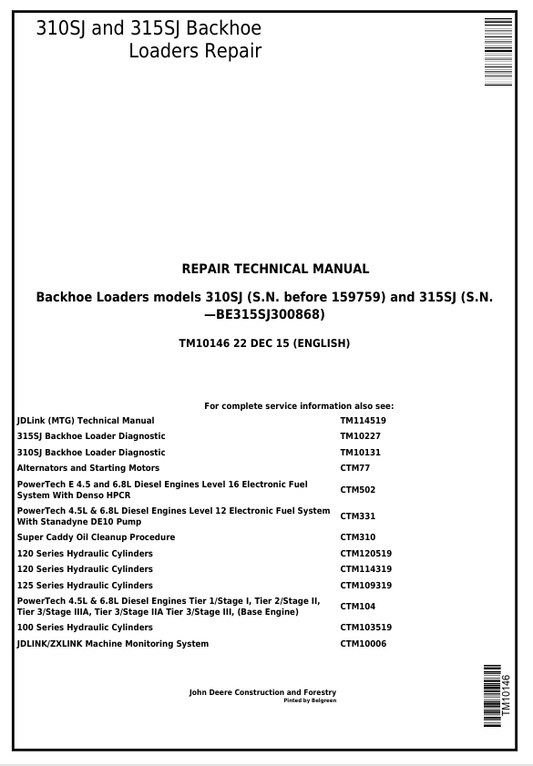 JOHN DEERE 310SJ AND 315SJ BACKHOE LOADER REPAIR TECHNICAL MANUAL TM10146