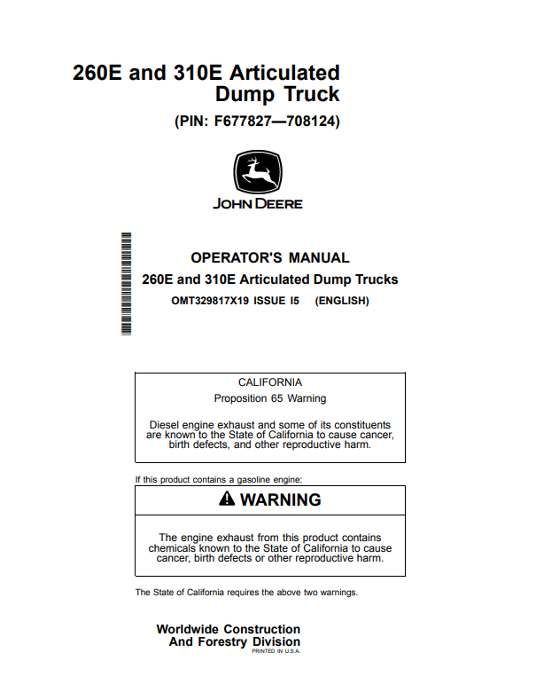 JOHN DEERE 260E AND 310E ARTICULATED DUMP TRUCK OPERATOR MANUAL OMT329817X19
