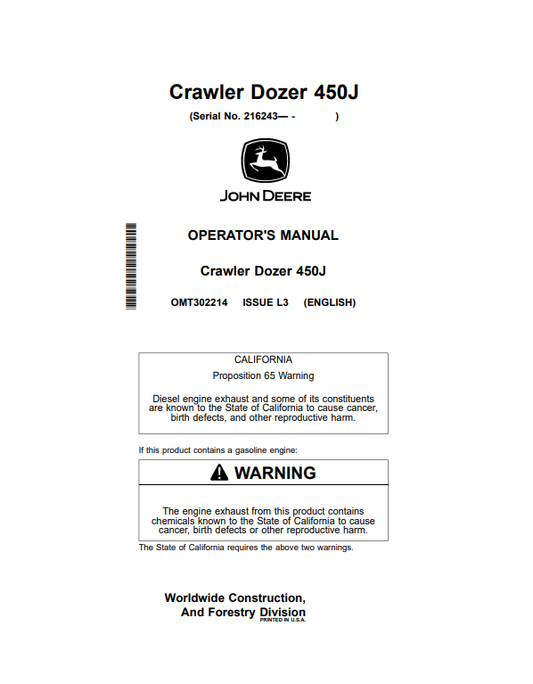 JOHN DEERE 450J CRAWLER DOZER OPERATOR MANUAL OMT302214