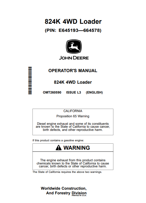 JOHN DEERE 824K 4WD LOADER OPERATOR MANUAL OMT260590