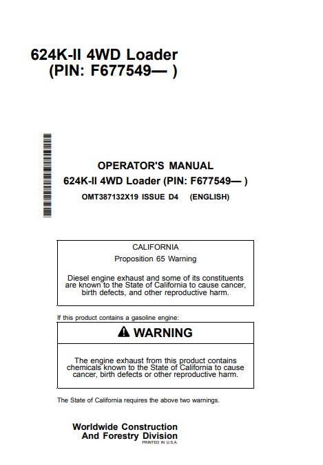 JOHN DEERE 624K-II 4WD LOADER OPERATOR MANUAL OMT387132X19