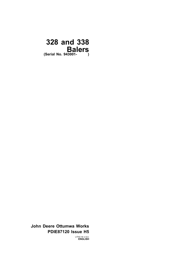 JOHN DEERE BALER 328, 338 PDIE87120 H5 PRE DELIVERY INSTRUCTION MANUAL