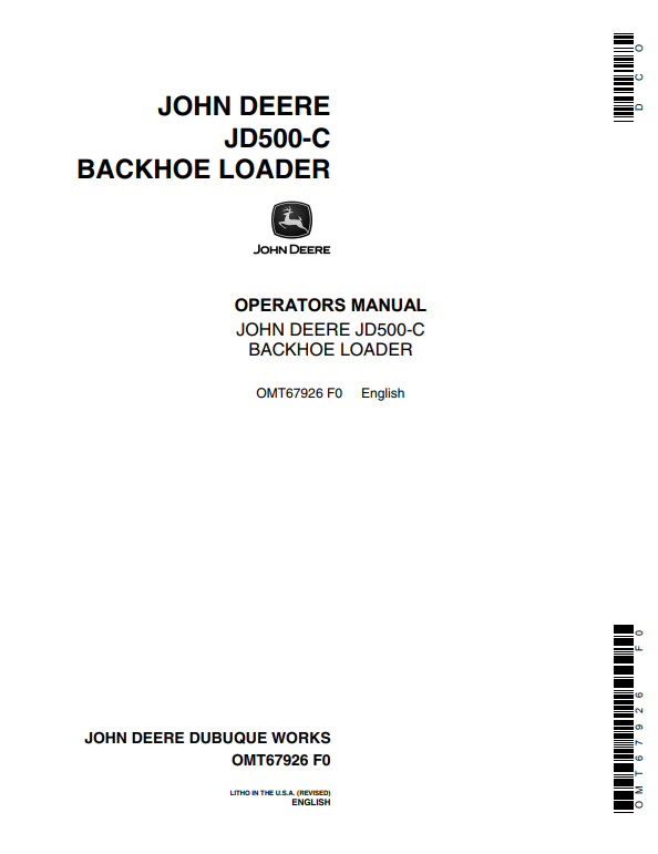 JOHN DEERE JD500-C BACKHOE LOADER OPERATOR MANUAL OMT67926