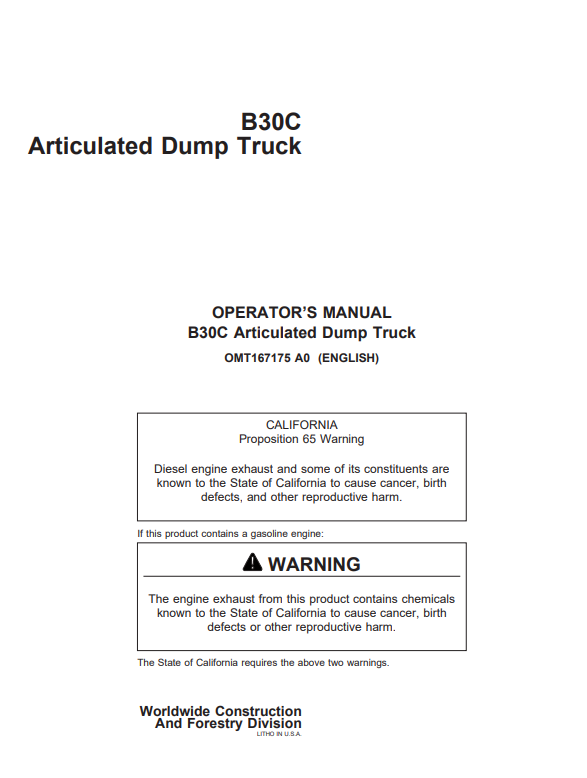 JOHN DEERE B30C ARTICULATED DUMP TRUCK OPERATOR MANUAL OMT167175