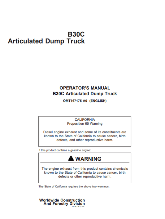 JOHN DEERE B30C ARTICULATED DUMP TRUCK OPERATOR MANUAL OMT167175