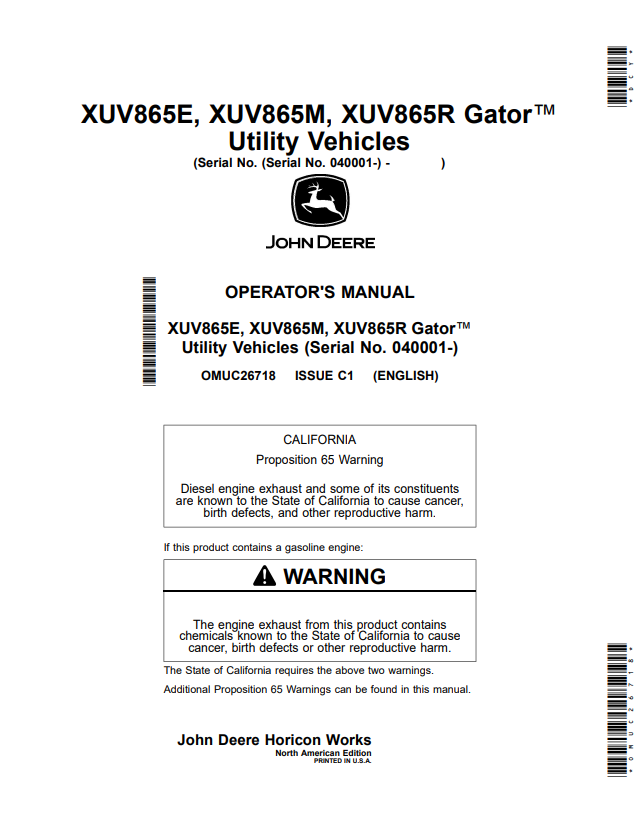 JOHN DEERE XUV865E, XUV865M, XUV865R GATOR™ UTILITY VEHICLES OPERATOR MANUAL OMUC26718