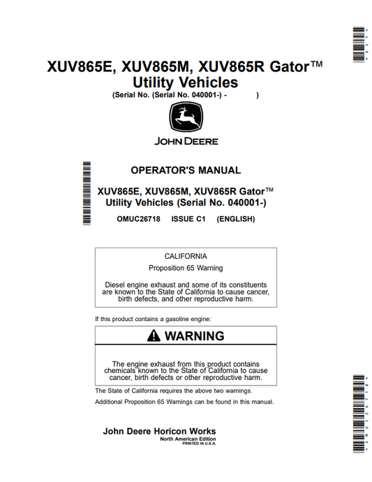 JOHN DEERE XUV865E, XUV865M, XUV865R GATOR™ UTILITY VEHICLES OPERATOR MANUAL OMUC26718