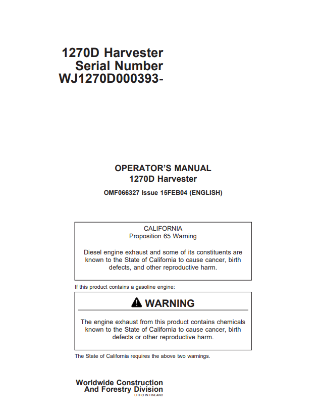 JOHN DEERE 1270D HARVESTER OPERATOR MANUAL OMF066327