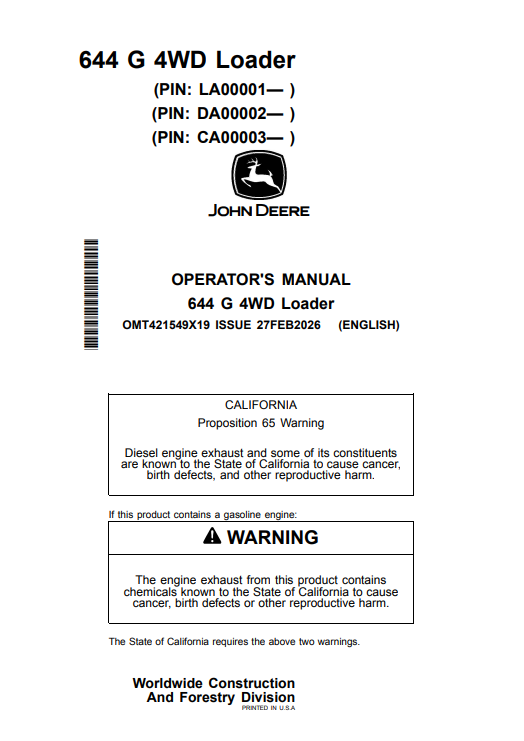 JOHN DEERE 644 G 4WD LOADER OPERATOR MANUAL OMT421549X19