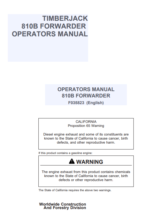 JOHN DEERE TIMBERJACK 810B FORWARDER OPERATOR MANUAL F035823