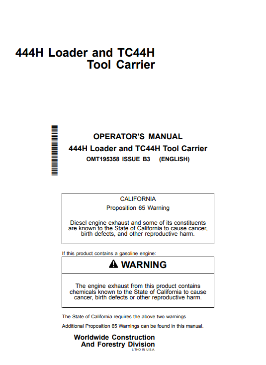 JOHN DEERE 444H LOADER AND TC44H TOOL CARRIER OPERATOR MANUAL OMT195358