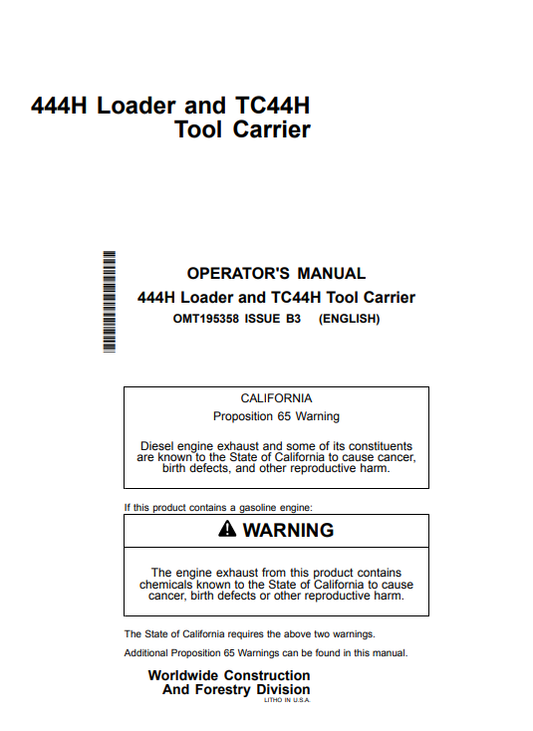 JOHN DEERE 444H LOADER AND TC44H TOOL CARRIER OPERATOR MANUAL OMT195358