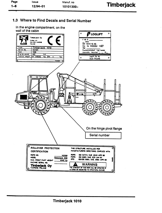 JOHN DEERE TIMBERJACK 1010 FORWARDER OPERATOR MANUAL F034571