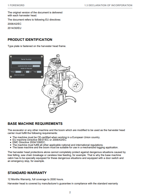 JOHN DEERE H290 HARVESTER HEAD OPERATOR INSTRUCTION MANUAL F076333