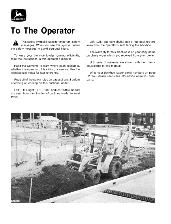 JOHN DEERE JD500-C BACKHOE LOADER OPERATOR MANUAL OMT67926