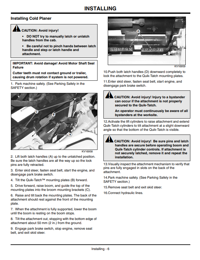 JOHN DEERE CP12, CP16, CP18, & CP24 COLD PLANER OPERATOR MANUAL OMKV16792