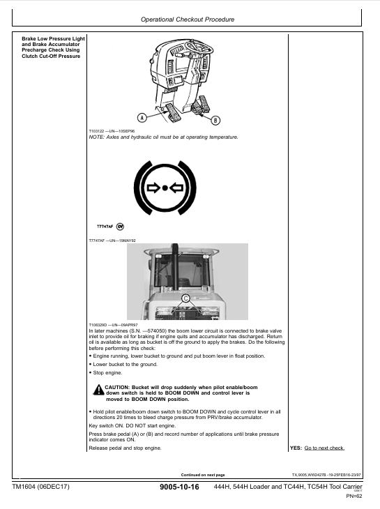 JOHN DEERE 444H, 544H LOADER, TC44H, TC54H TOOL CARRIER LOADER OPERATION AND TEST TECHNICAL MANUAL TM1604
