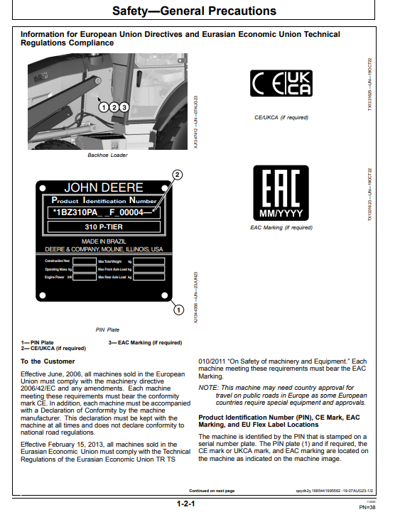 JOHN DEERE 310 P BACKHOE LOADER OPERATOR MANUAL OMT481853X019