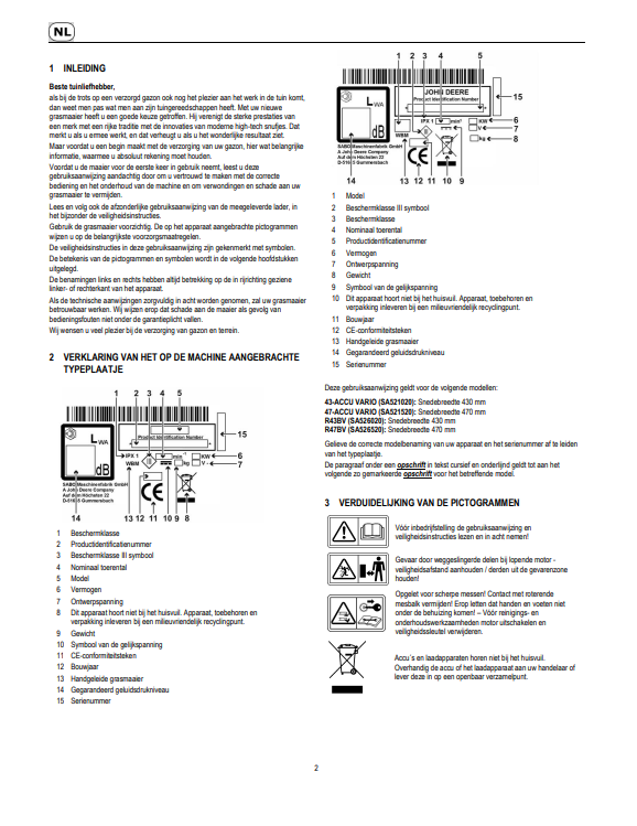 JOHN DEERE 43-ACCU VARIO, 47-ACCU VARIO, R43BV, R47BV (SA526520) LAW MOWERS OPERATOR MANUAL SAU15828