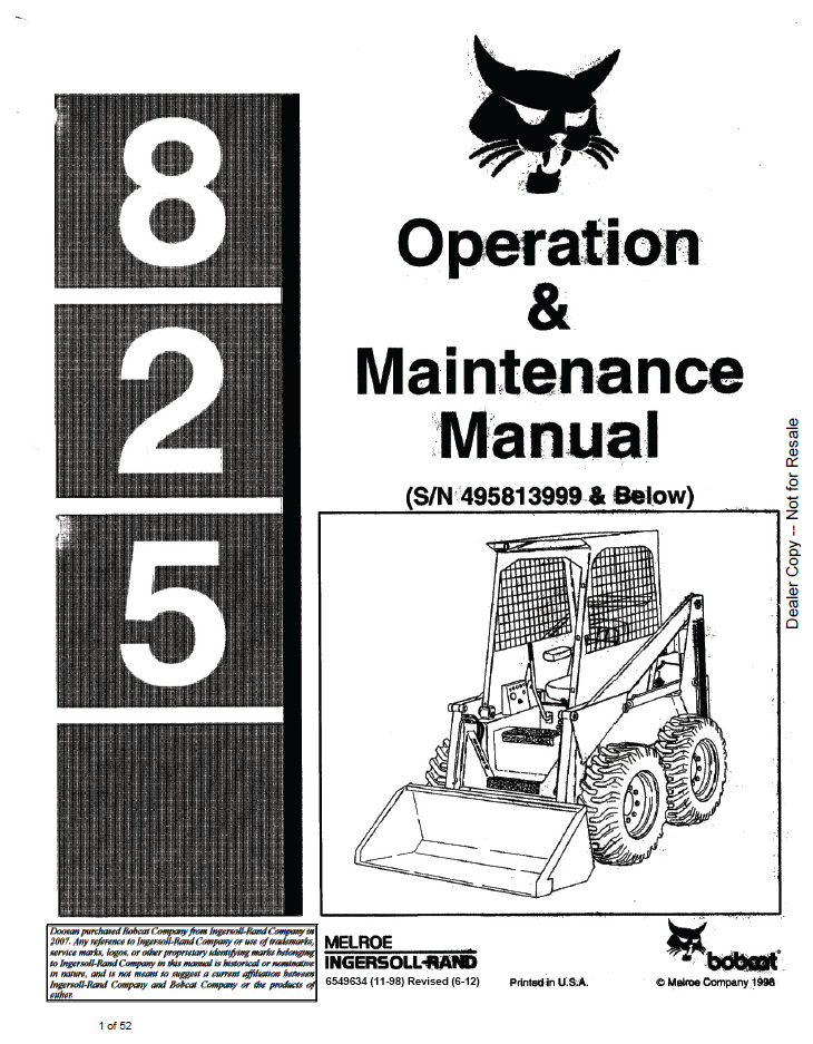 6549634 Bobcat 825 Loader Operation & Maintenance Manual PDF