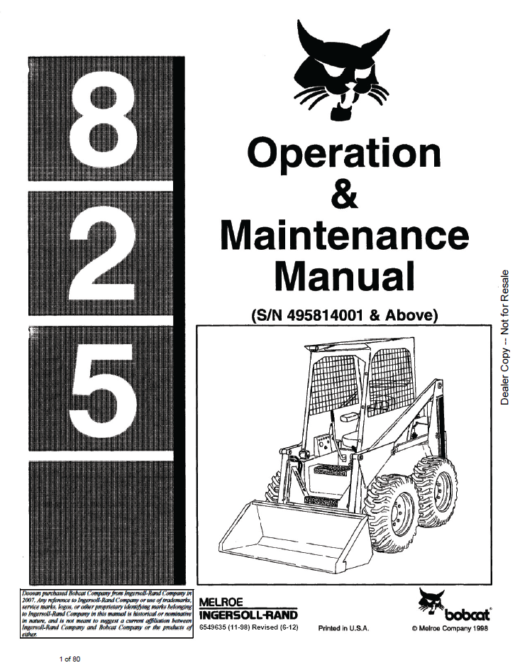 6549635 Bobcat 825 Loader Operation & Maintenance Manual PDF