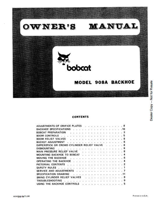 6556218 Bobcat 908A Backhoe Operator & Maintenance Manual PDF
