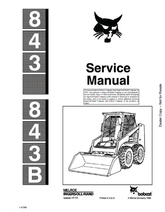 6566091 Bobcat 843 843B Loader Service Repair Manual PDF