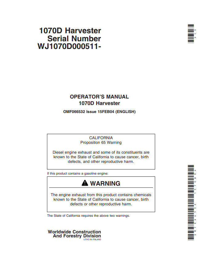 JOHN DEERE 1070D HARVESTER OPERATOR MANUAL OMF066532