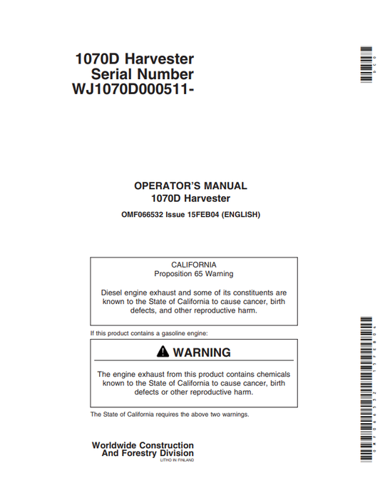 JOHN DEERE 1070D HARVESTER OPERATOR MANUAL OMF066532