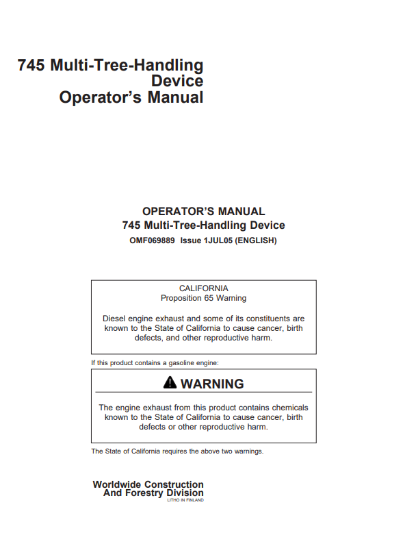 JOHN DEERE 745 MULTI-TREE-HANDLING DEVICE OPERATOR MANUAL OMF069889